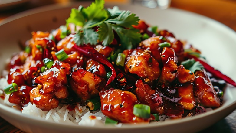 A plate of General Tso's chicken, served with peppers, scallions, and parsley