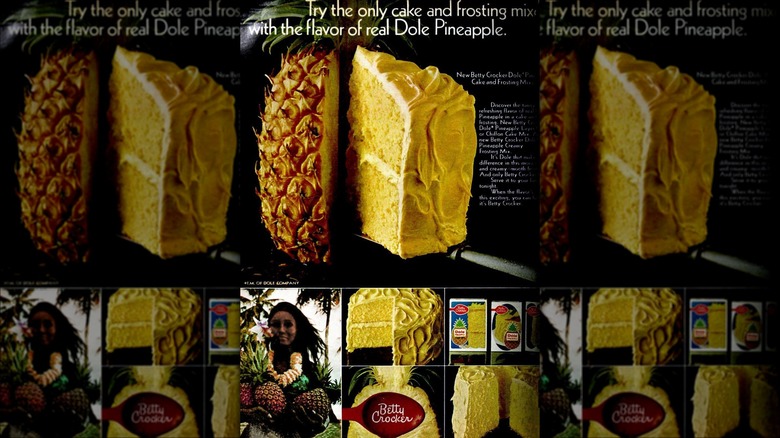 Vintage poster for Dole Pineapple cake next to a slice of pineapple