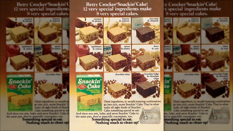 Vintage poster featuring eight flavors of Betty Crocker Snackin' Cake