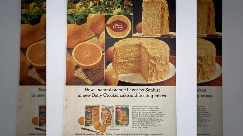 Vintage ad for Betty Crocker Sunkist Orange Cake next to images of sliced oranges