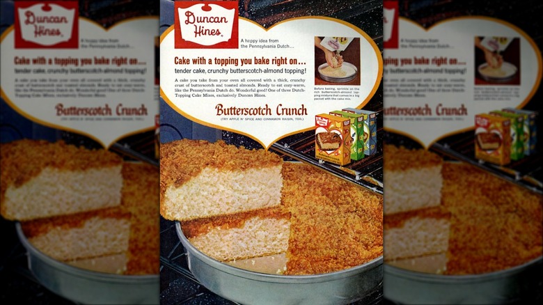 Vintage cake mix advertisement showing sliced Butterscotch Crunch cake