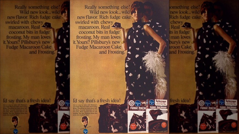 Vintage advertisement with a woman in a dress holding a slice of Pillsbury Fudge Macaroon Cake