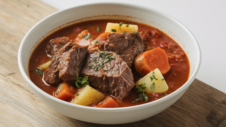 White bowl of beef stew with potatoes and carrots