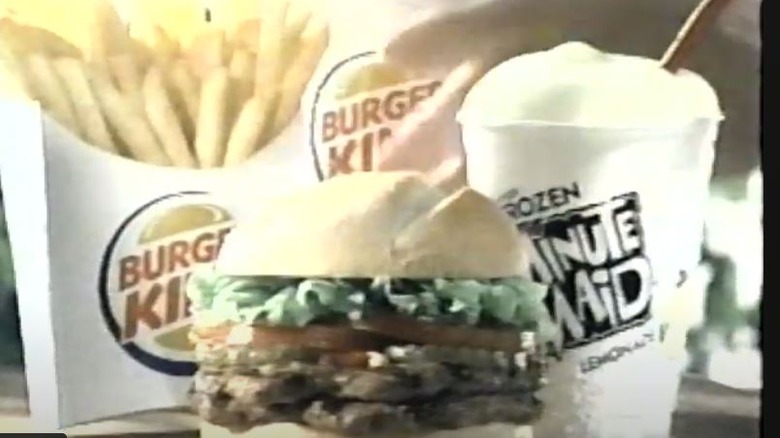 Burger King burger with multiple beef patties, fries, and a Frozen Minute Maid Lemonade