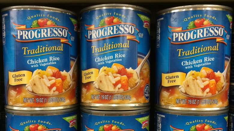 Cans of Progresso chicken and rice with vegetables soup