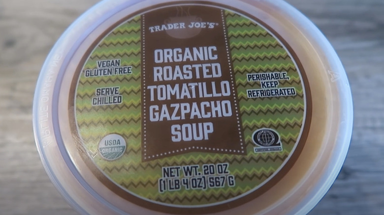 Container of Trader Joe's roasted tomatillo gazpacho soup