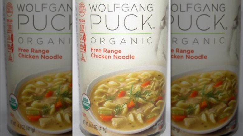 Can of Wolfgang Puck chicken noodle soup