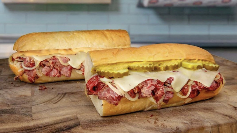 Two Jersey Mike's sandwiches with pastrami