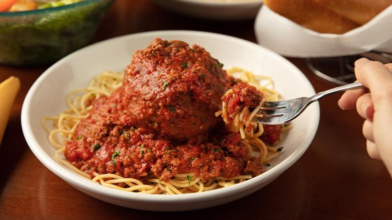 Fork with giant meatball and spaghetti