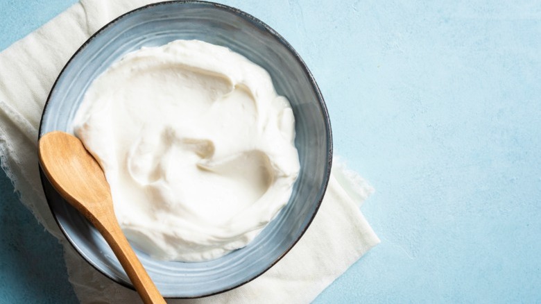 A bowl of Greek yogurt with a spoon on a blue countertop