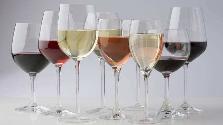 Several types of wine served in different glasses.