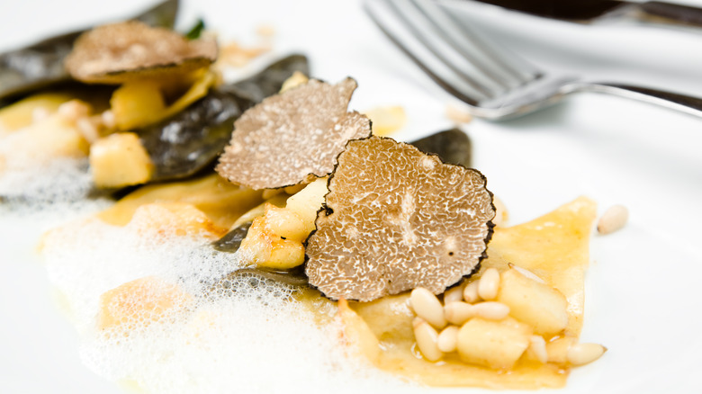 Closeup of pasta dish with shaved truffles, pine nuts, foam