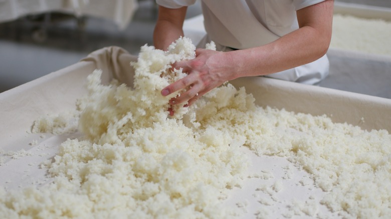 A worker spreads cooked rice for koji-making in a brewery