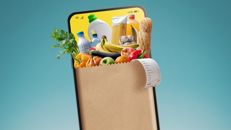 a grocery bag with groceries and a phone coming out of it