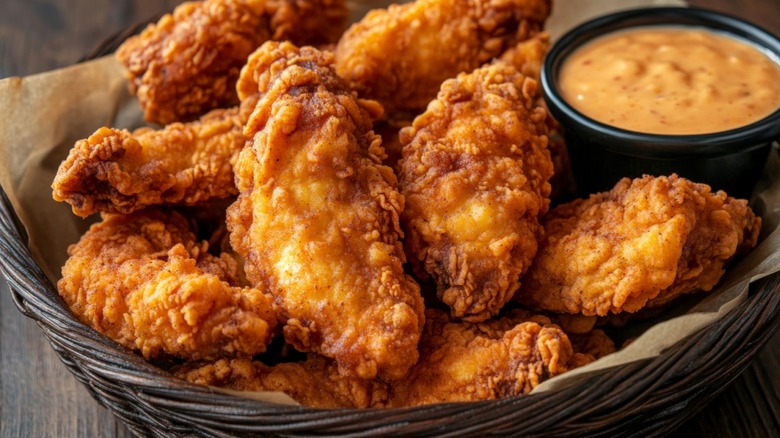 A basket of fried chicken fingers with dipping sauce.