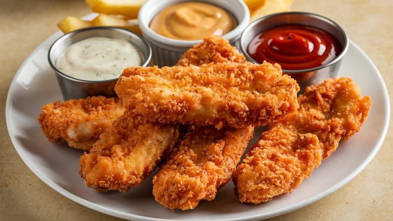 A platter of chicken fingers with three different sauces on the side