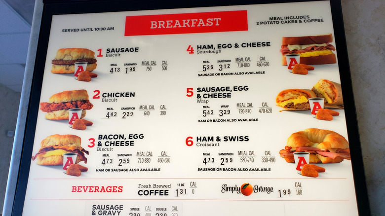 An Arby's breakfast menu in a restaurant