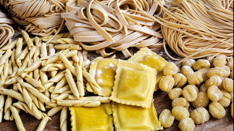 Various uncooked fresh pasta