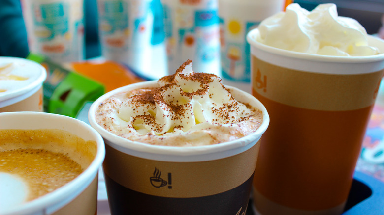 McDonald's drinks including a cappuccino, latte,  and hot chocolate.