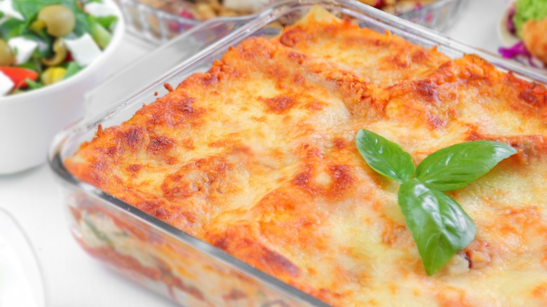 Lasagna in a clear dish