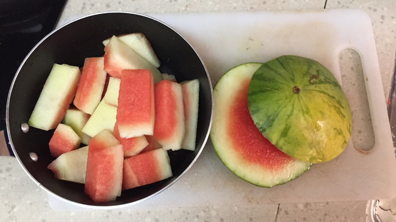 watermelon rind in black pan