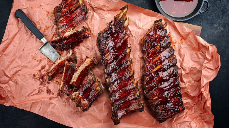 ribs on pink butcher paper