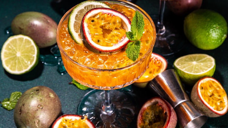 pornstar martini with passionfruit garnish