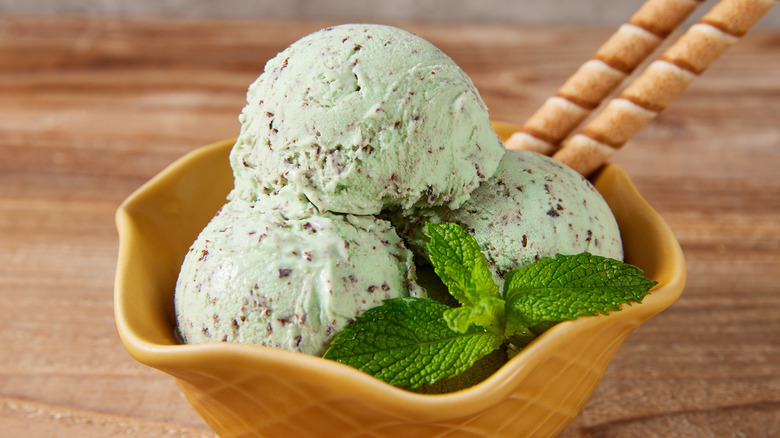 three scoops of mint chocolate chip ice cream in a bowl garnished with mint leaves and cookies