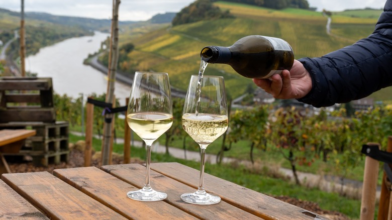 Hand pouring white wine into glass with pretty background