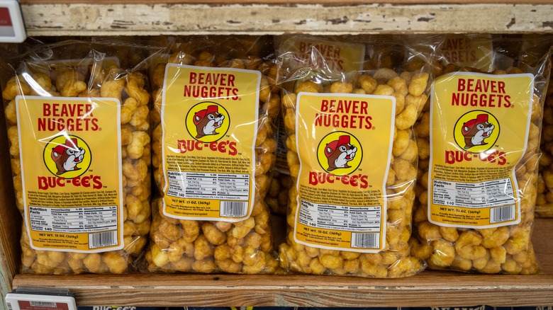 Packages of Buc-ee's Beaver Nuggets snacks