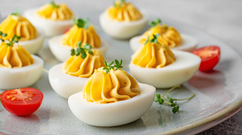 different deviled eggs on plate