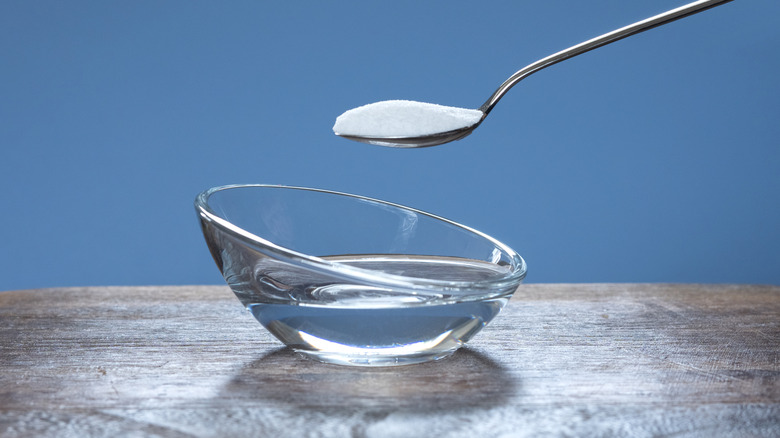 Spoonful of baking soda and glass bowl of clear vinegar