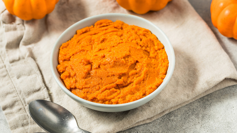 Raw pumpkin purée in white bowl