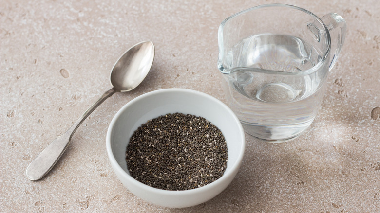 Chia seed bowl, spoon, and water on countertop