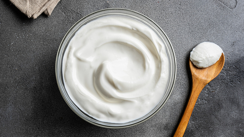 Yogurt bowl and wooden spoon on gray countertop