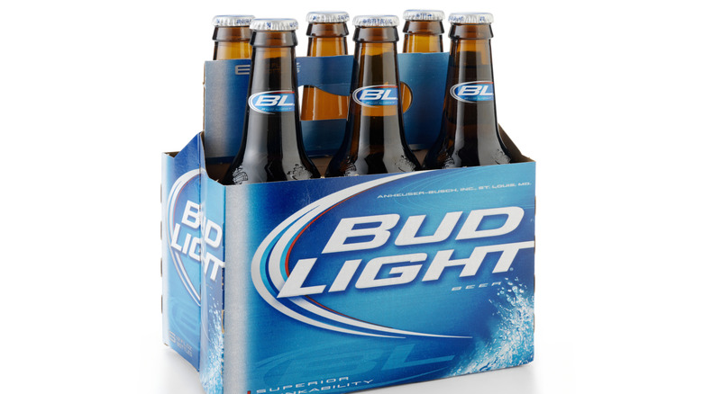 Six pack of bottled Bud Light beer