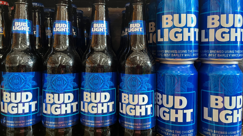 Shelf stocked with Bud Light beer