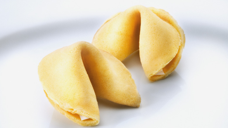 closeup of two fortune cookies on white background