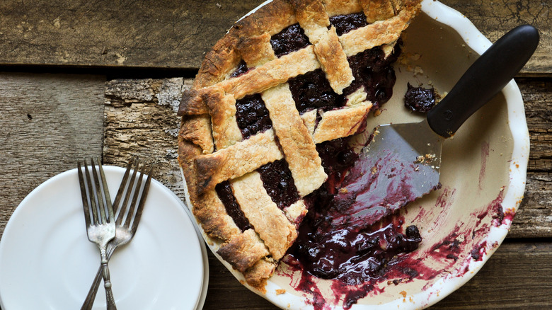 closeup of lattice crust huckleberry pie