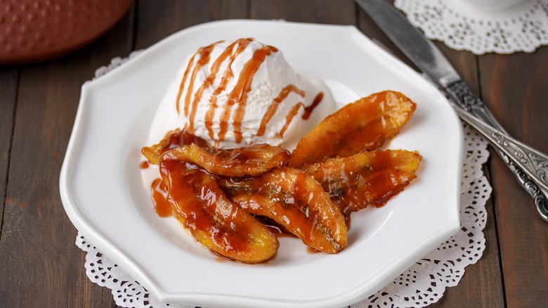 bananas foster on white plate