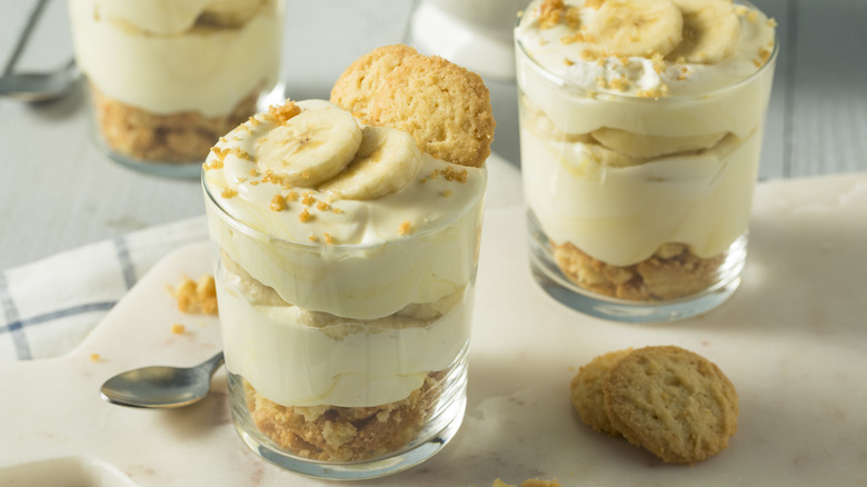 layered banana pudding in glass cups