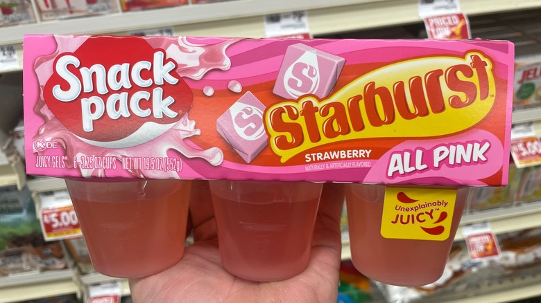 Strawberry Starburst flavored snack pack in a grocery store.