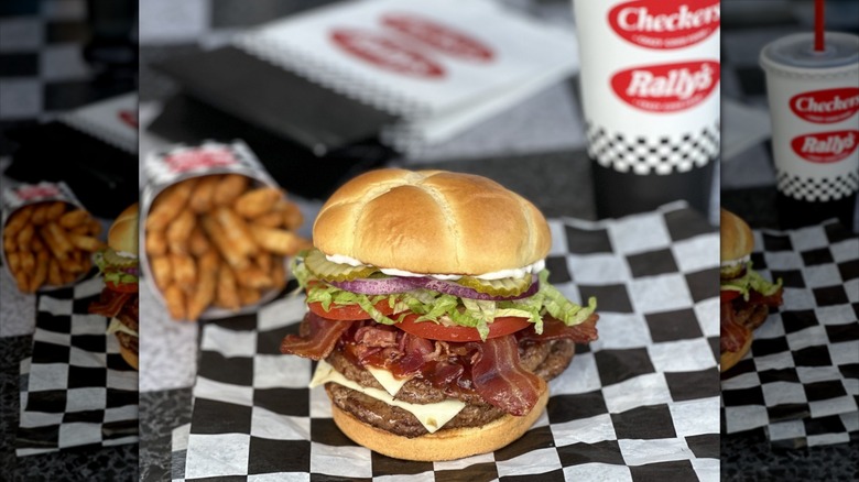 Burger with bacon on black-and-white checkered paper