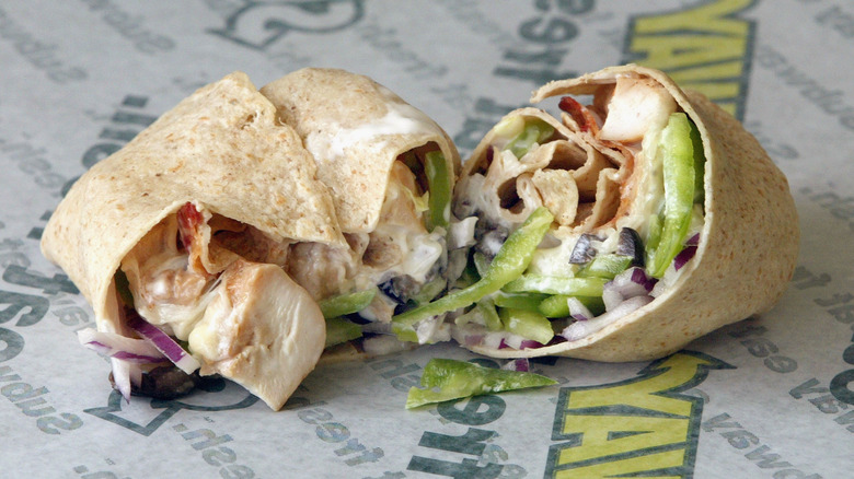 Subway wrap containing bacon, chicken, and veggies