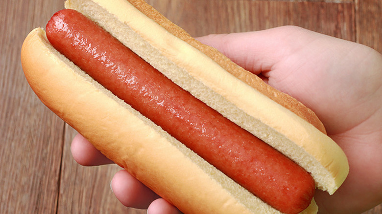Plain Sonic hot dog held by hand 