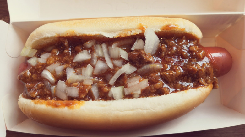 A&W chili dog with chili and onions