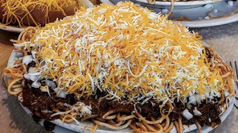 Skyline Chili plate of chili on spaghetti