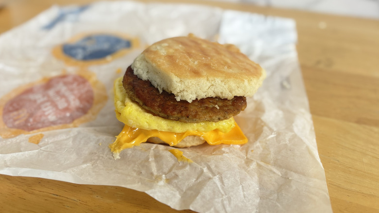 McDonald's Sausage Biscuit with egg on a wrapper