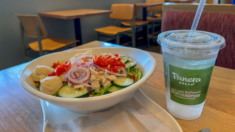 Salad and water at Panera