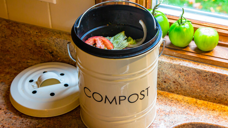 Bucket on a granite kitchen counter labeled "COMPOST" and filled with food scraps